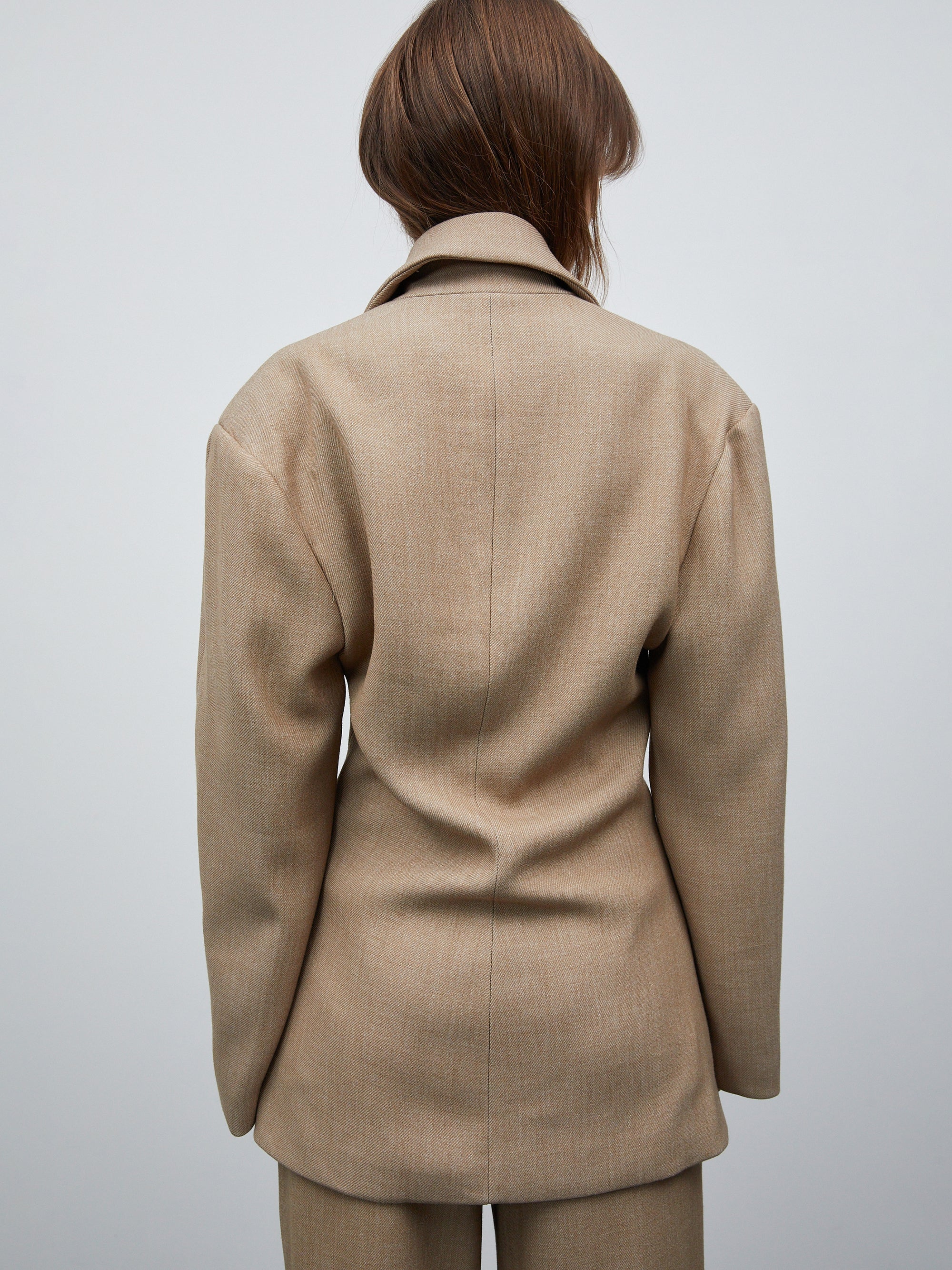 Nangy Double Breasted Cinched Blazer, Tan Beige