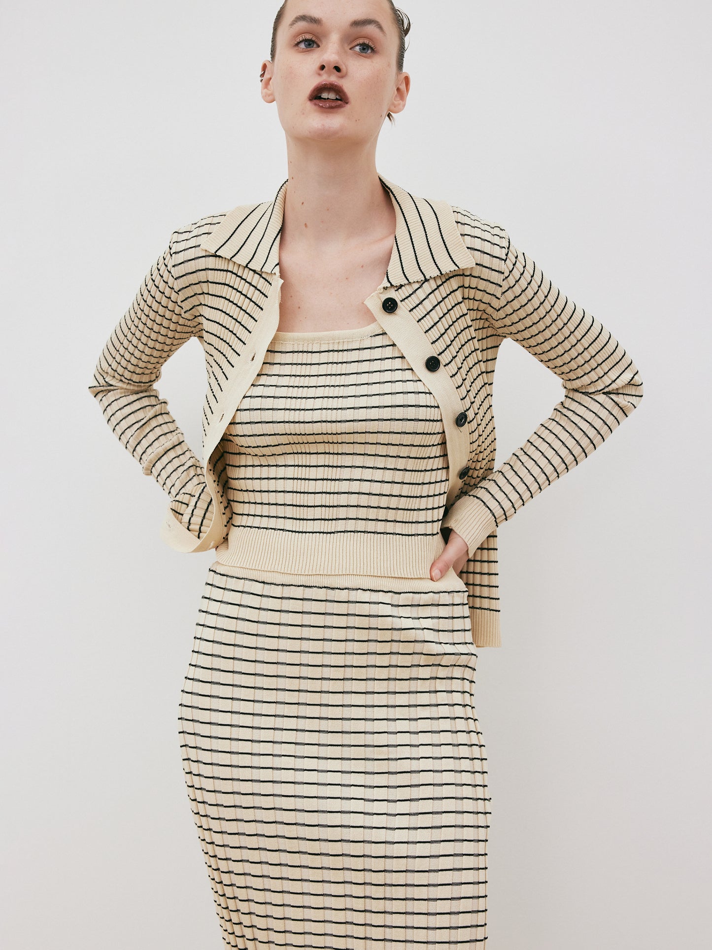 3 Piece Striped Knit Set, Parmesan