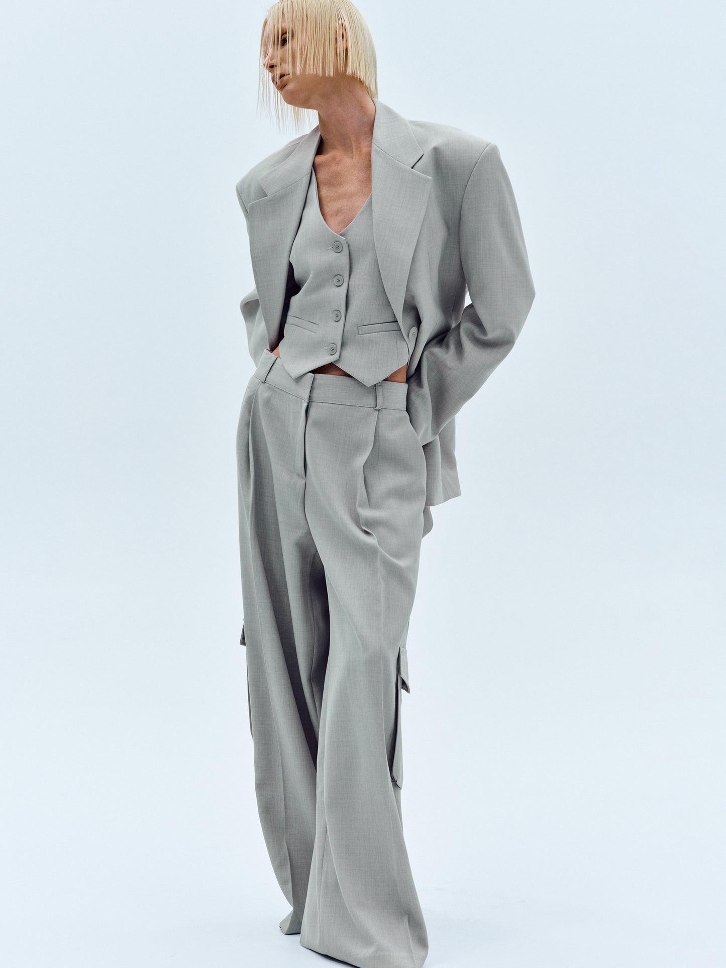 Oversized Linen Suit Trousers, Grey