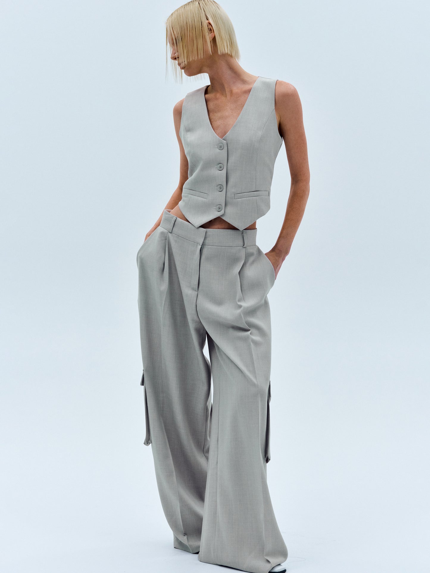 Oversized Linen Suit Trousers, Grey