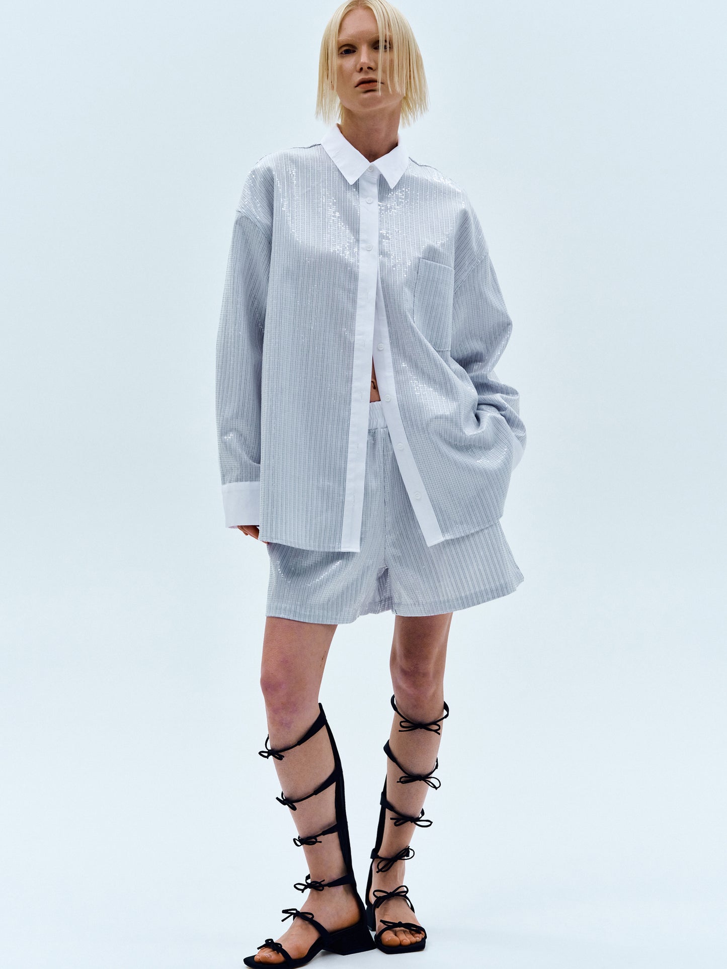 Sequin Pinstripe Overshirt, Silver