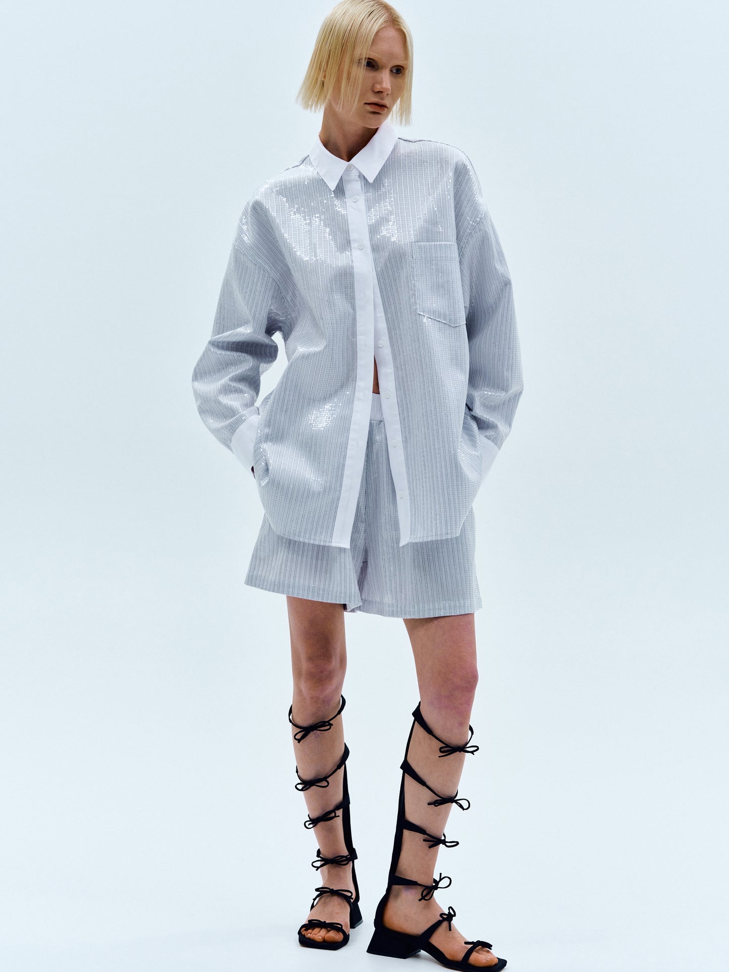 Sequin Pinstripe Overshirt, Silver