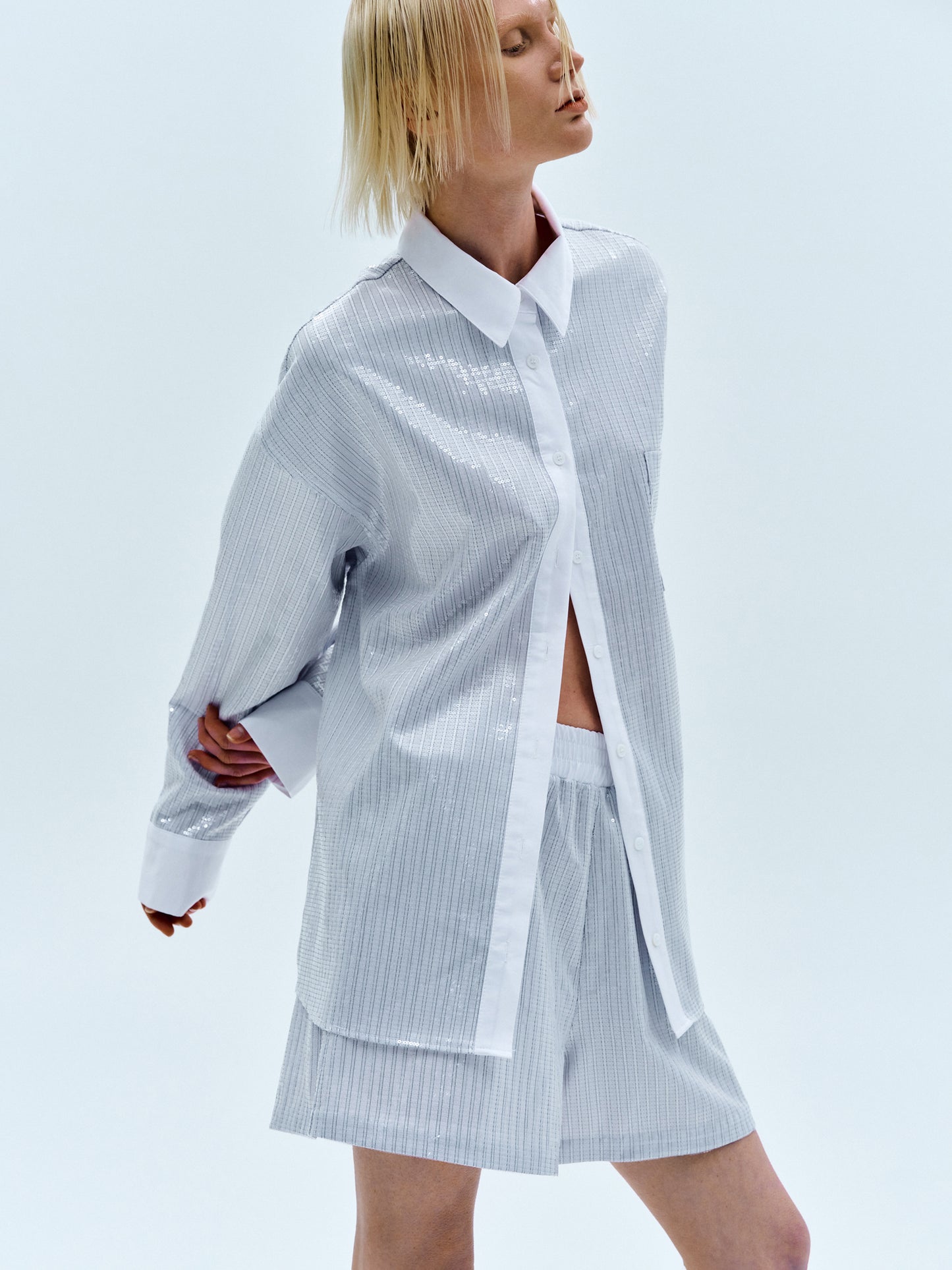 Sequin Pinstripe Overshirt, Silver