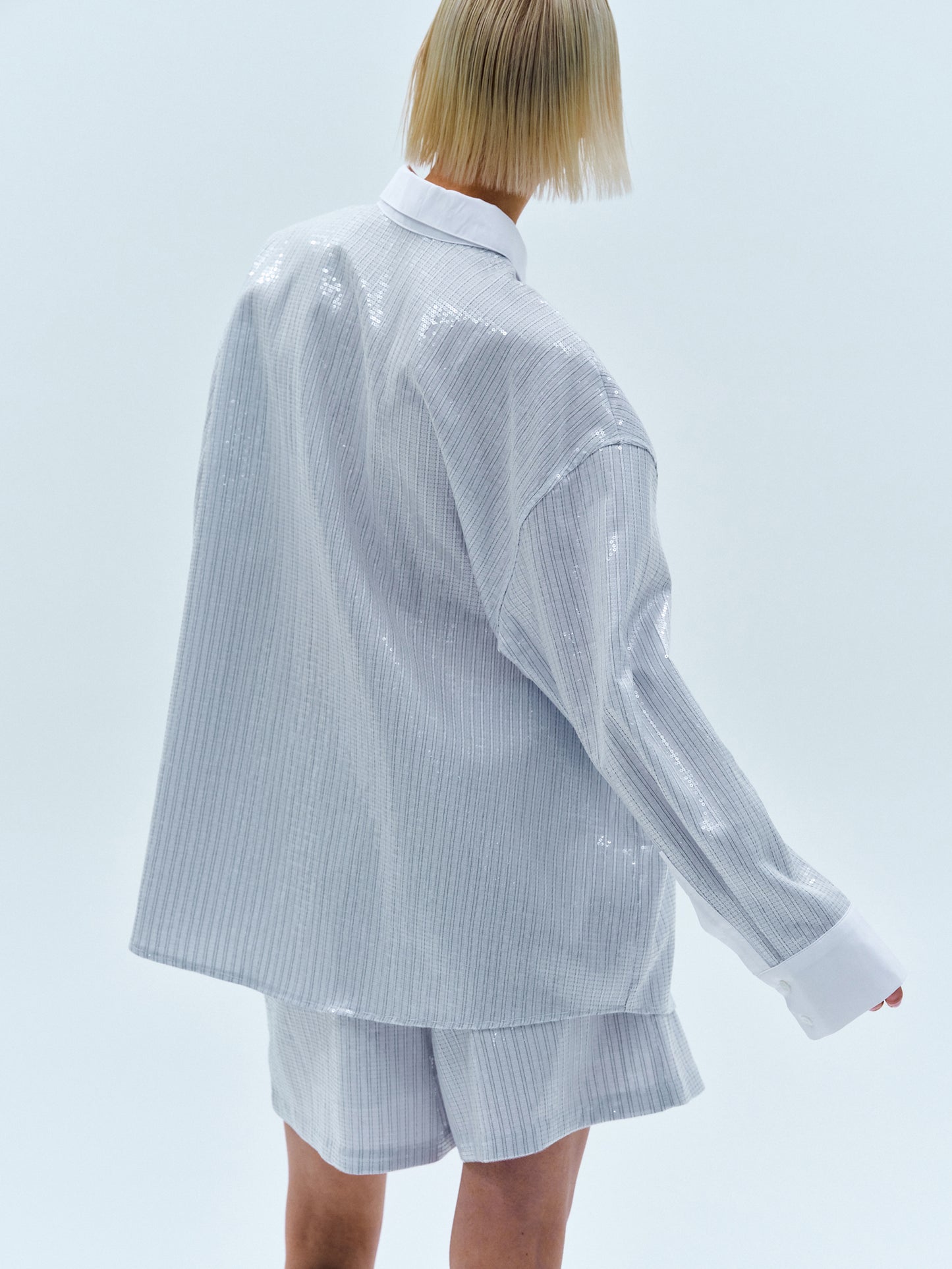 Sequin Pinstripe Overshirt, Silver