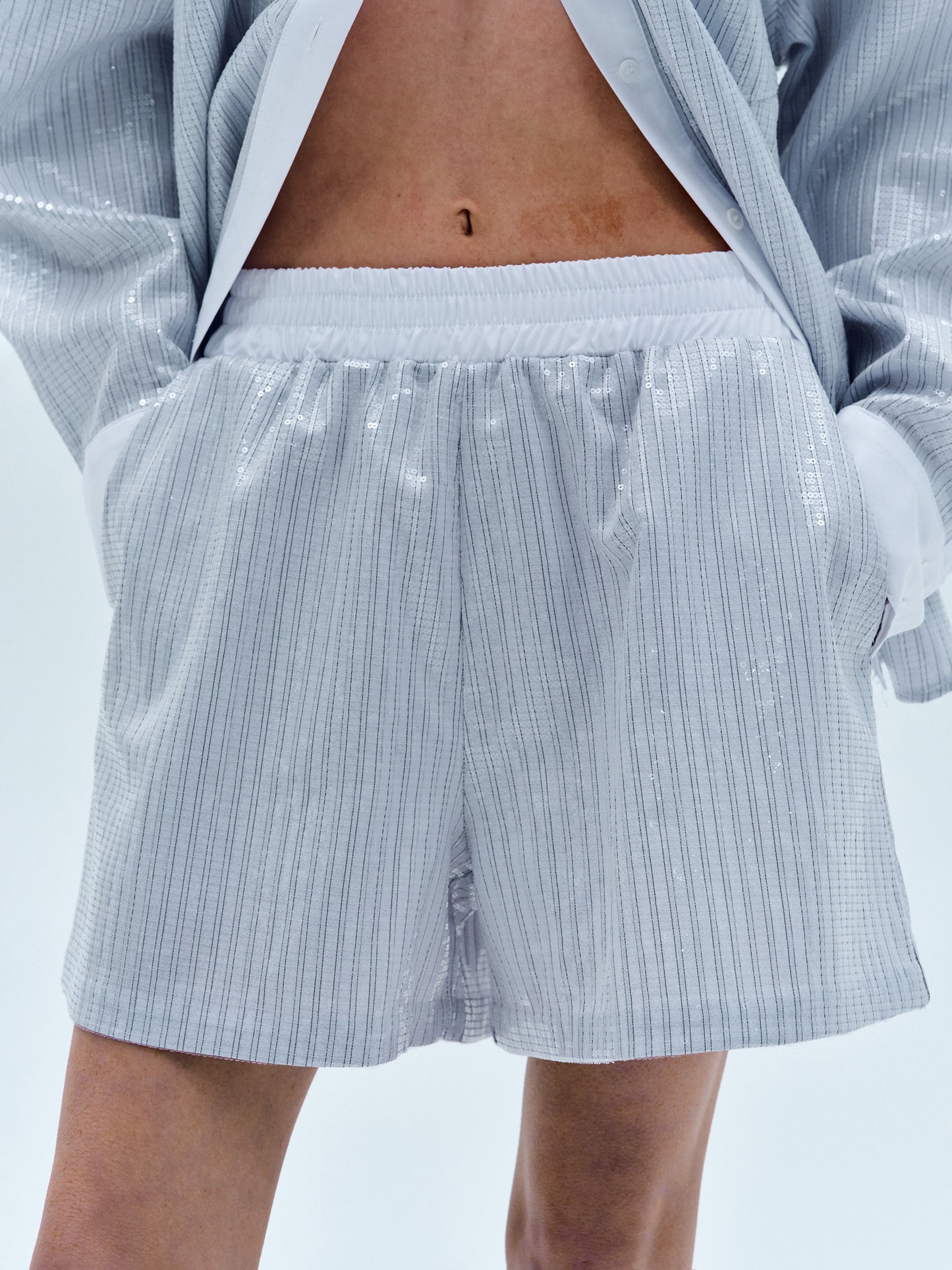Sequin Pinstripe Boxer Shorts, Silver