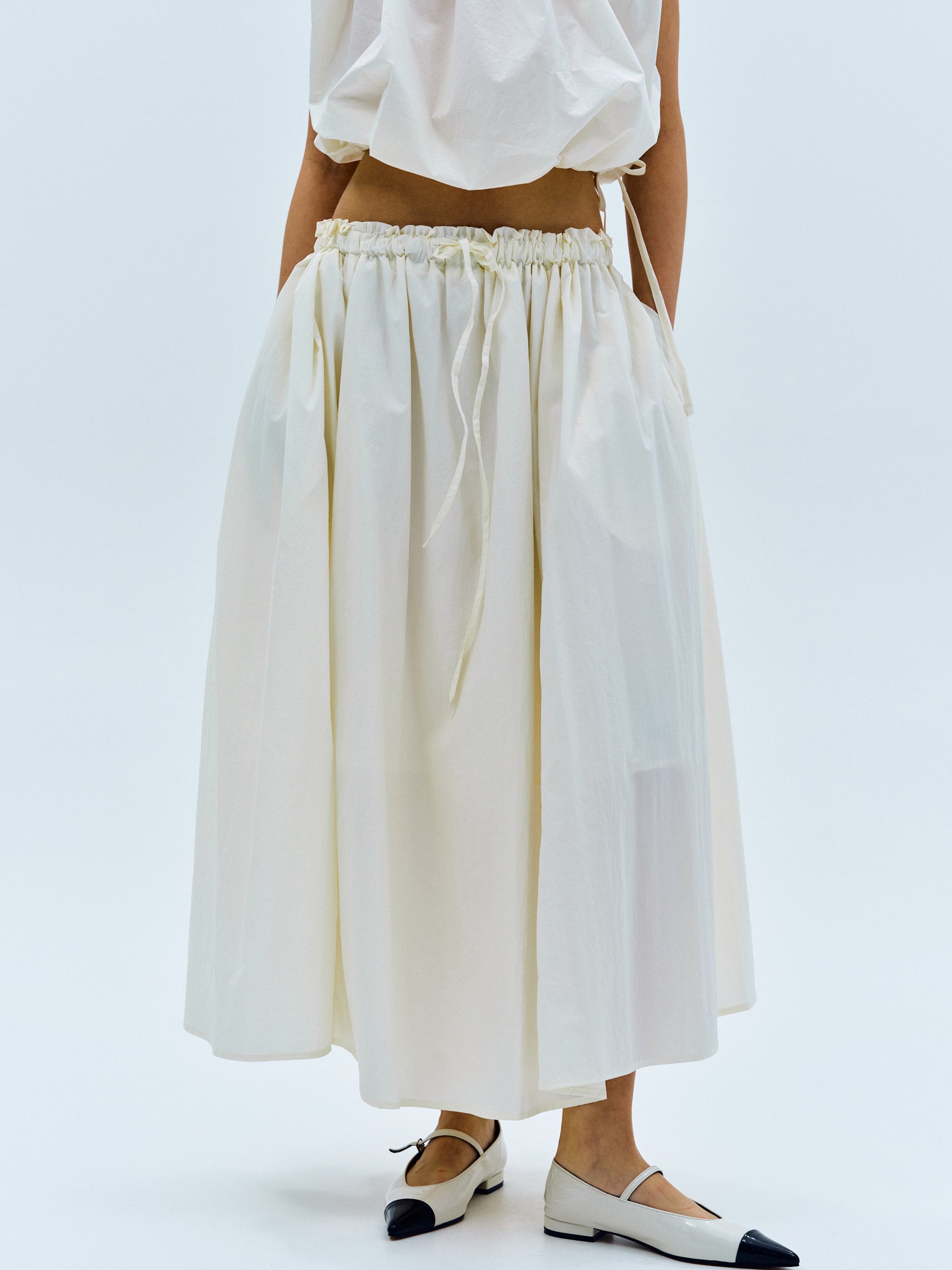 Poplin Drawstring Skirt, Ivory