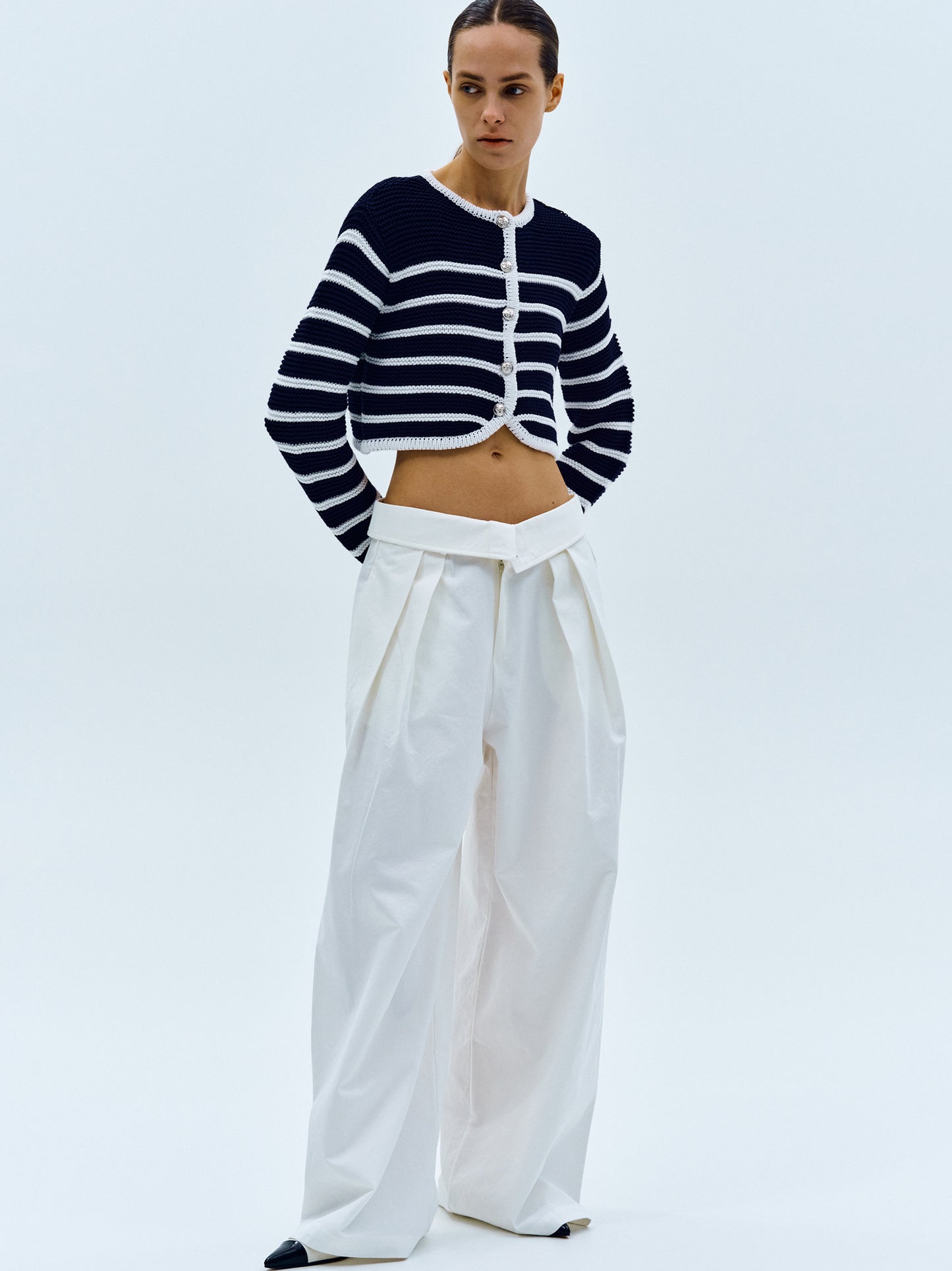 Pad Shoulder Stripe Cardigan, Navy