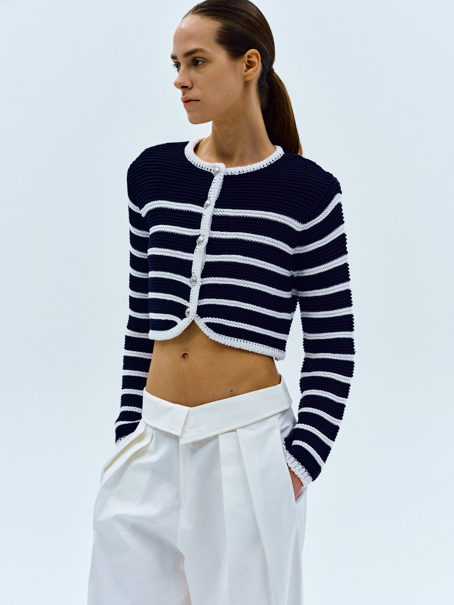 Pad Shoulder Stripe Cardigan, Navy