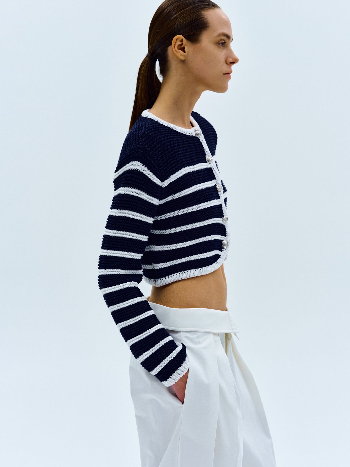 Pad Shoulder Stripe Cardigan, Navy