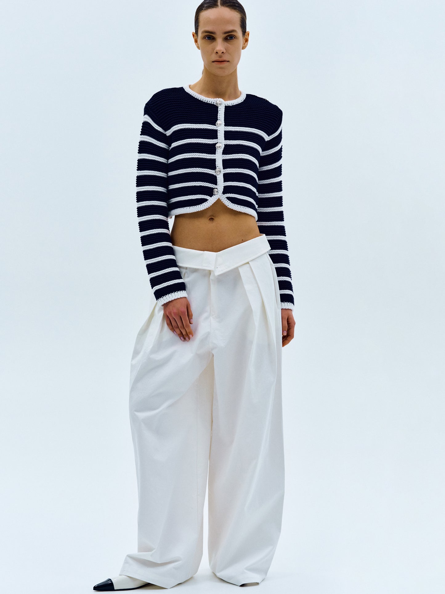 Pad Shoulder Stripe Cardigan, Navy