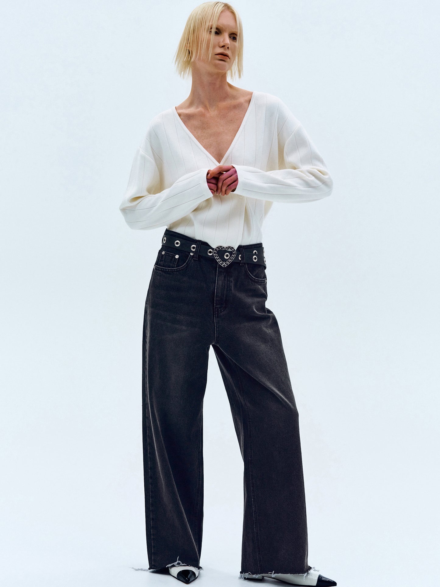 Raw Cut Wide-Leg Jeans, Charcoal
