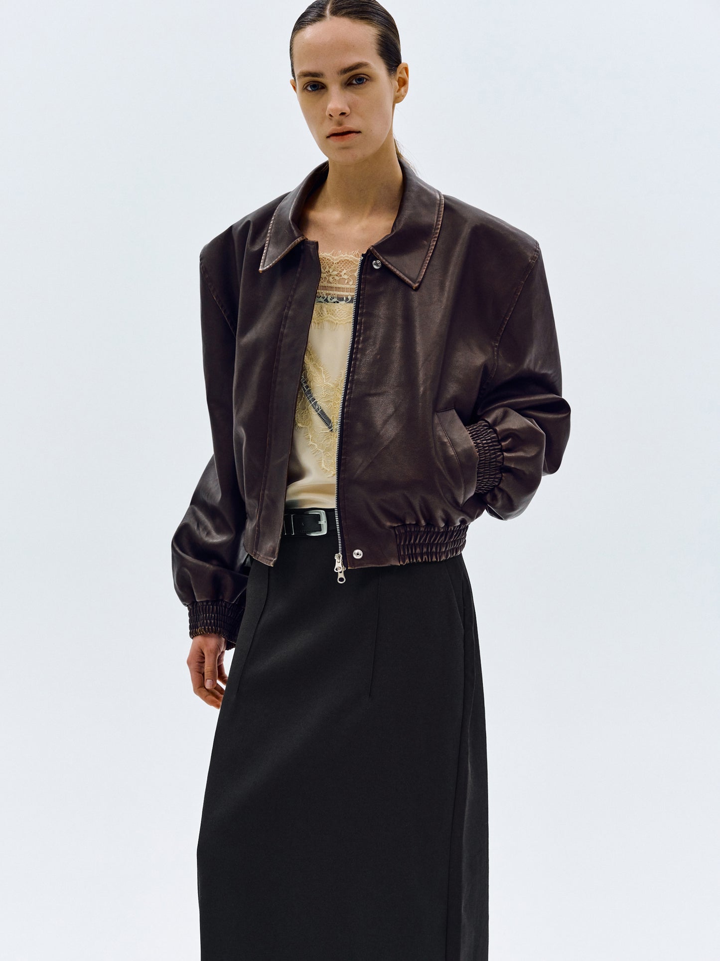 Faded Leather Bomber, Chocolate