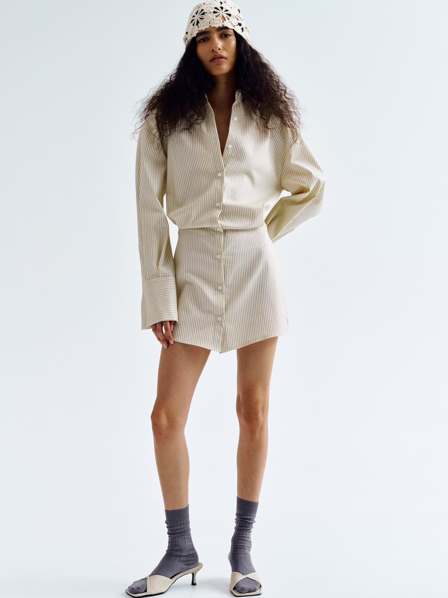 Striped Shirt Minidress, Beige