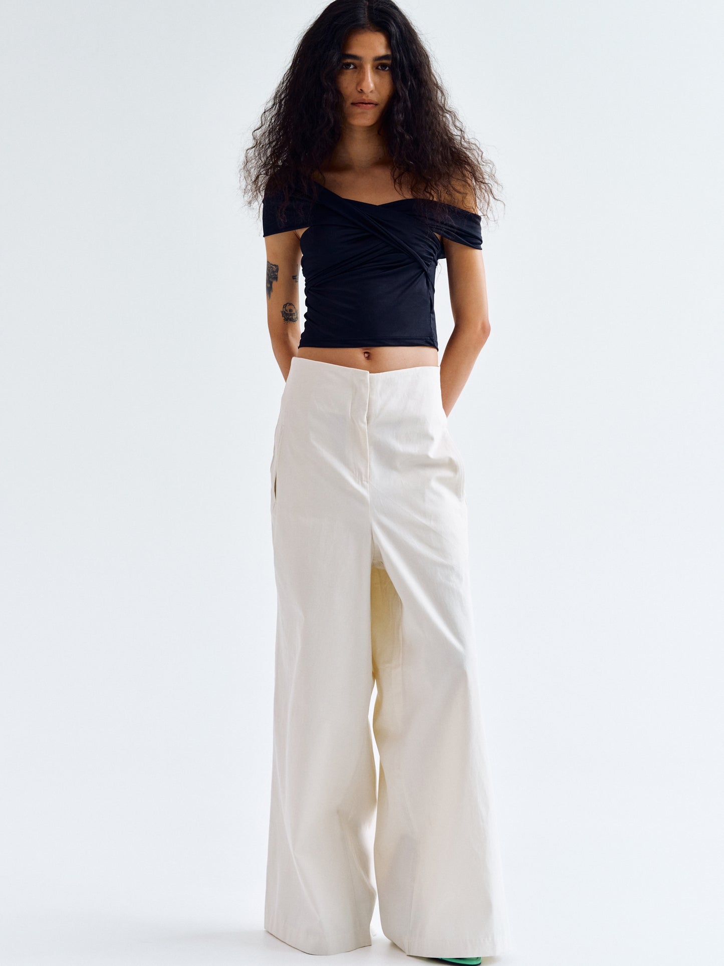 Belted-Back Cotton Pants, Ivory