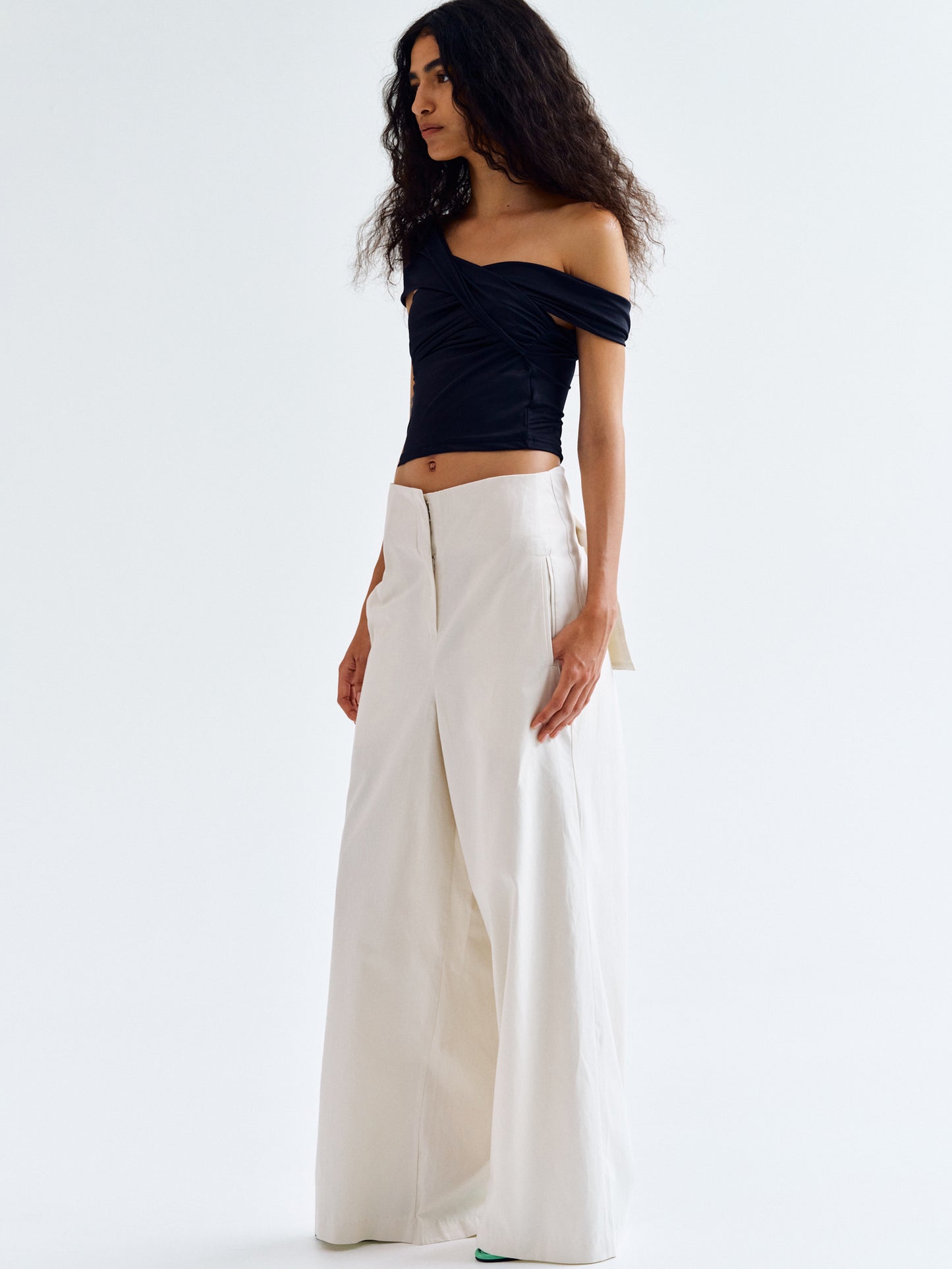 Belted-Back Cotton Pants, Ivory