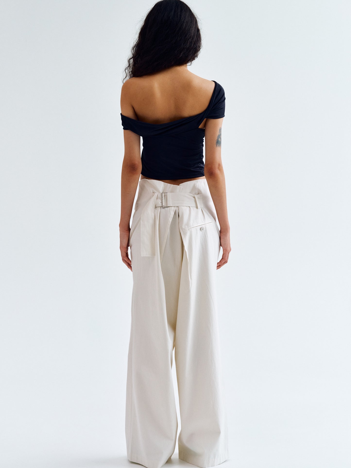 Belted-Back Cotton Pants, Ivory