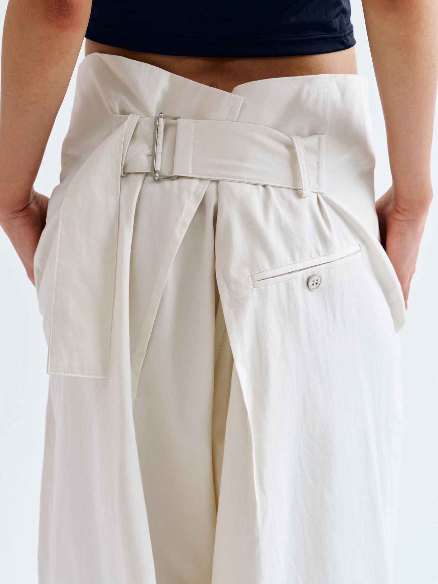 Belted-Back Cotton Pants, Ivory