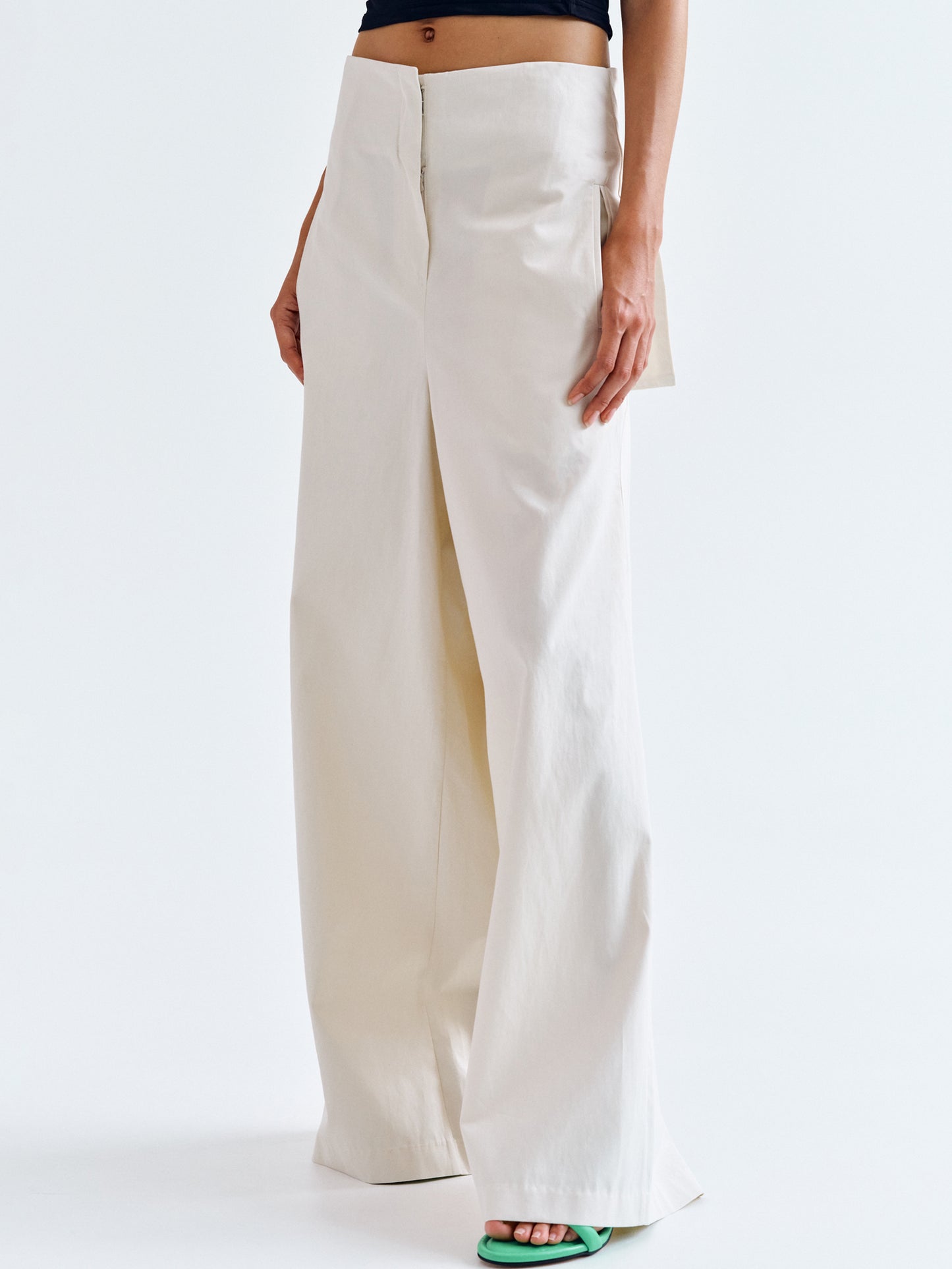 Belted-Back Cotton Pants, Ivory
