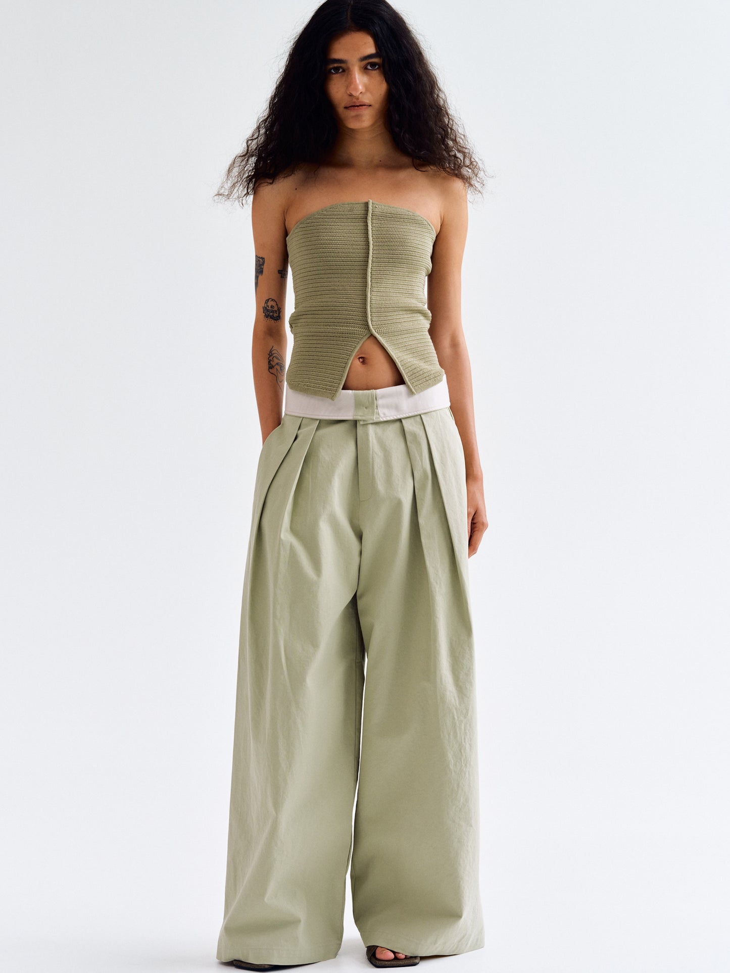 Fold-Over Cotton Pants, Khaki