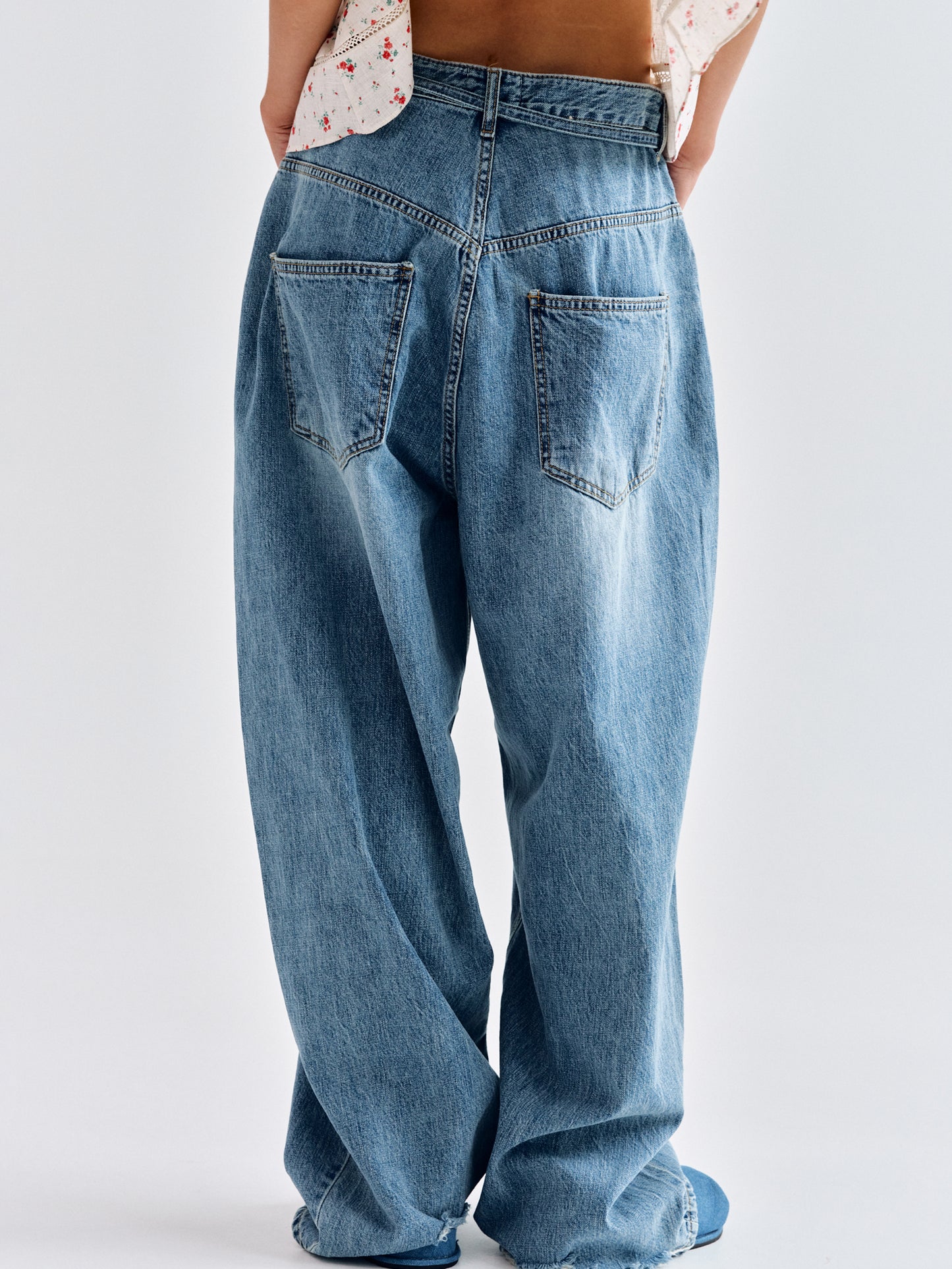 Wide Belted Jeans, Medium Blue