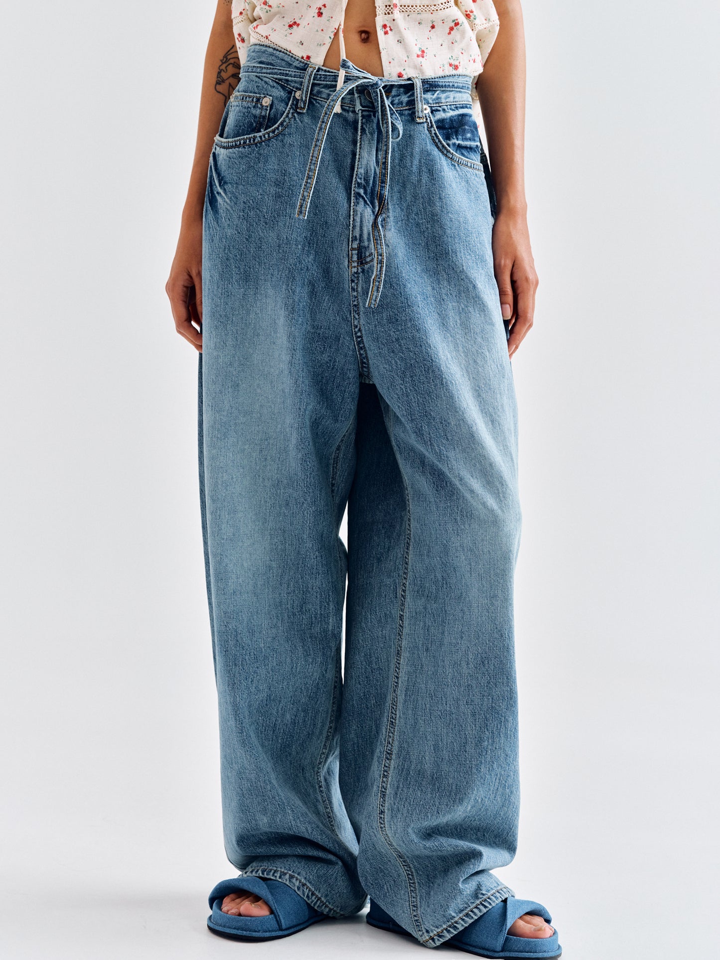 Wide Belted Jeans, Medium Blue