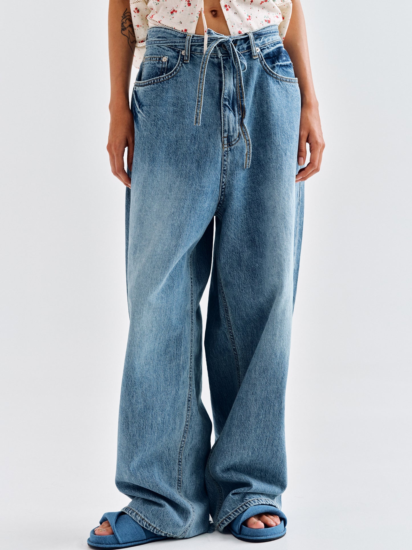 Wide Belted Jeans, Medium Blue
