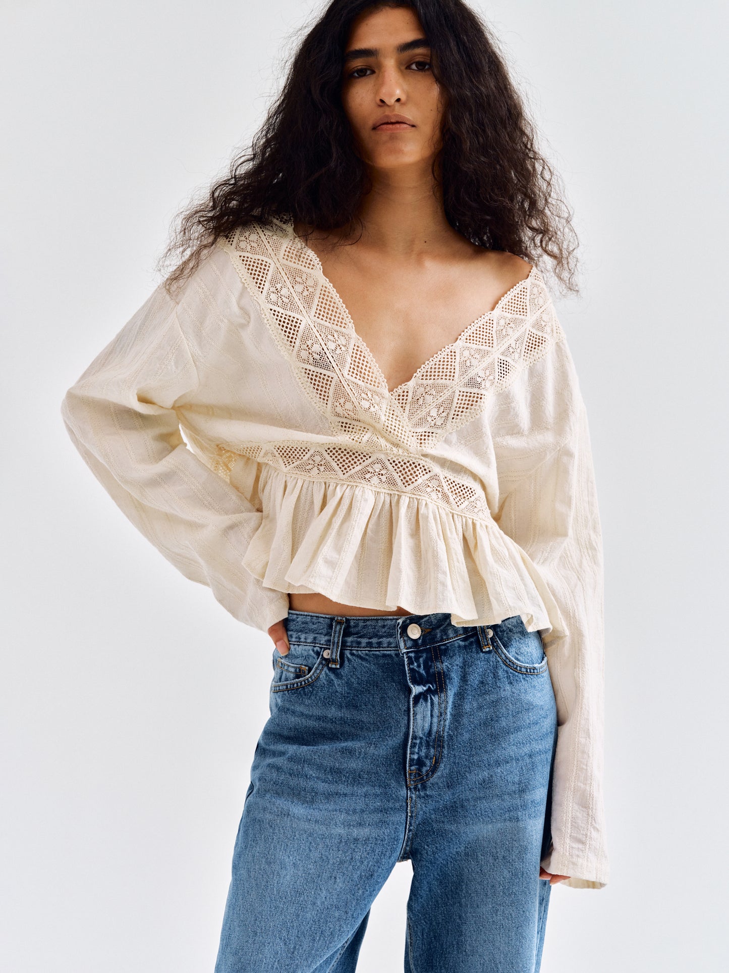 Lace Inset Blouse, Beige