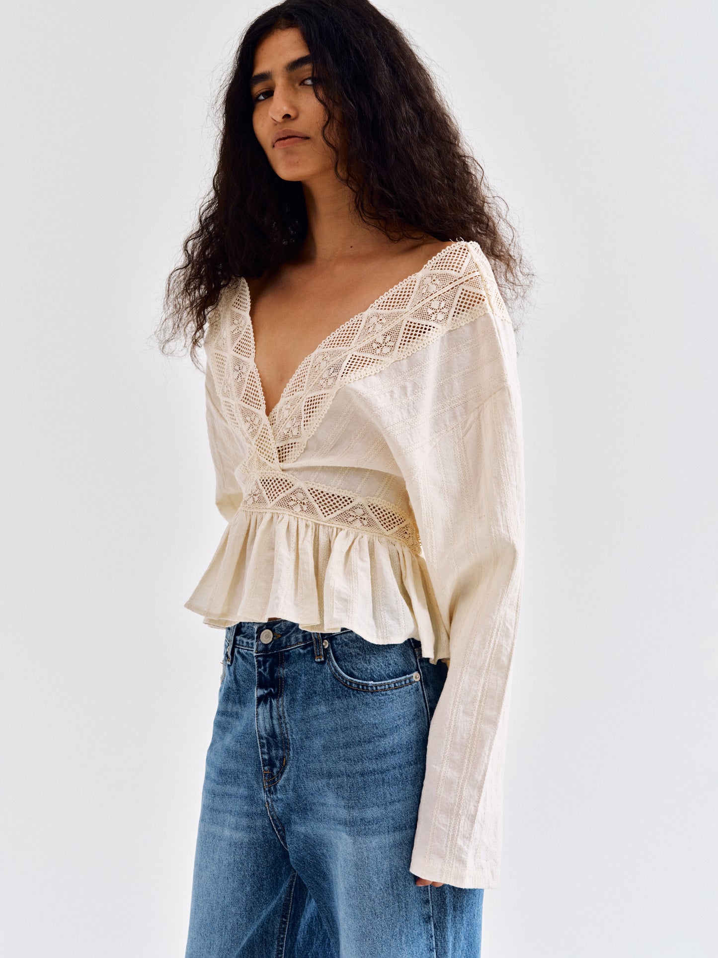 Lace Inset Blouse, Beige