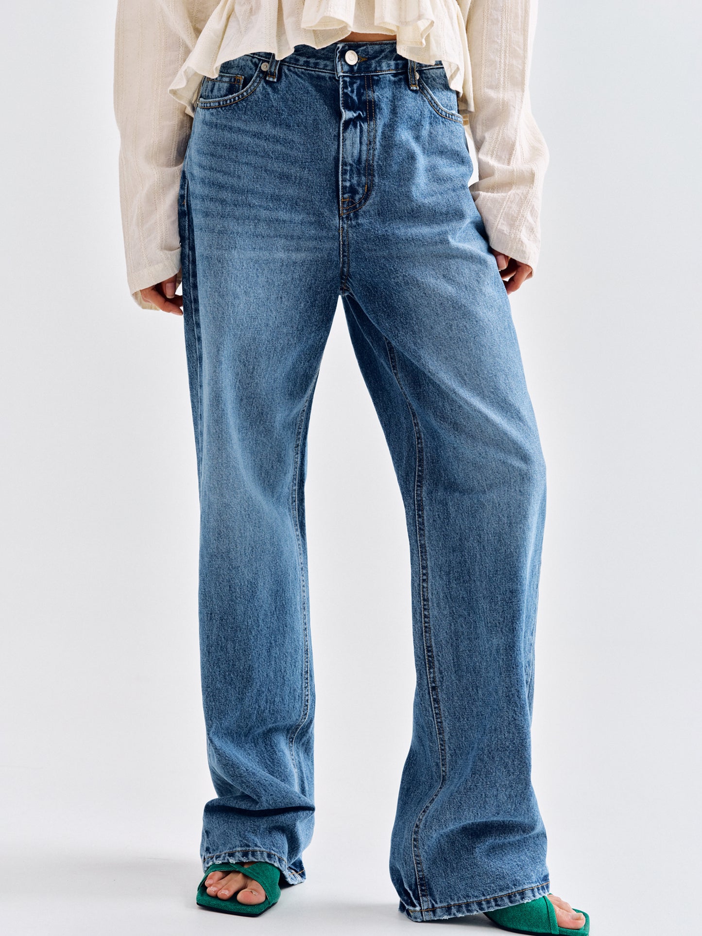 Full Length Straight Jeans, Medium Blue