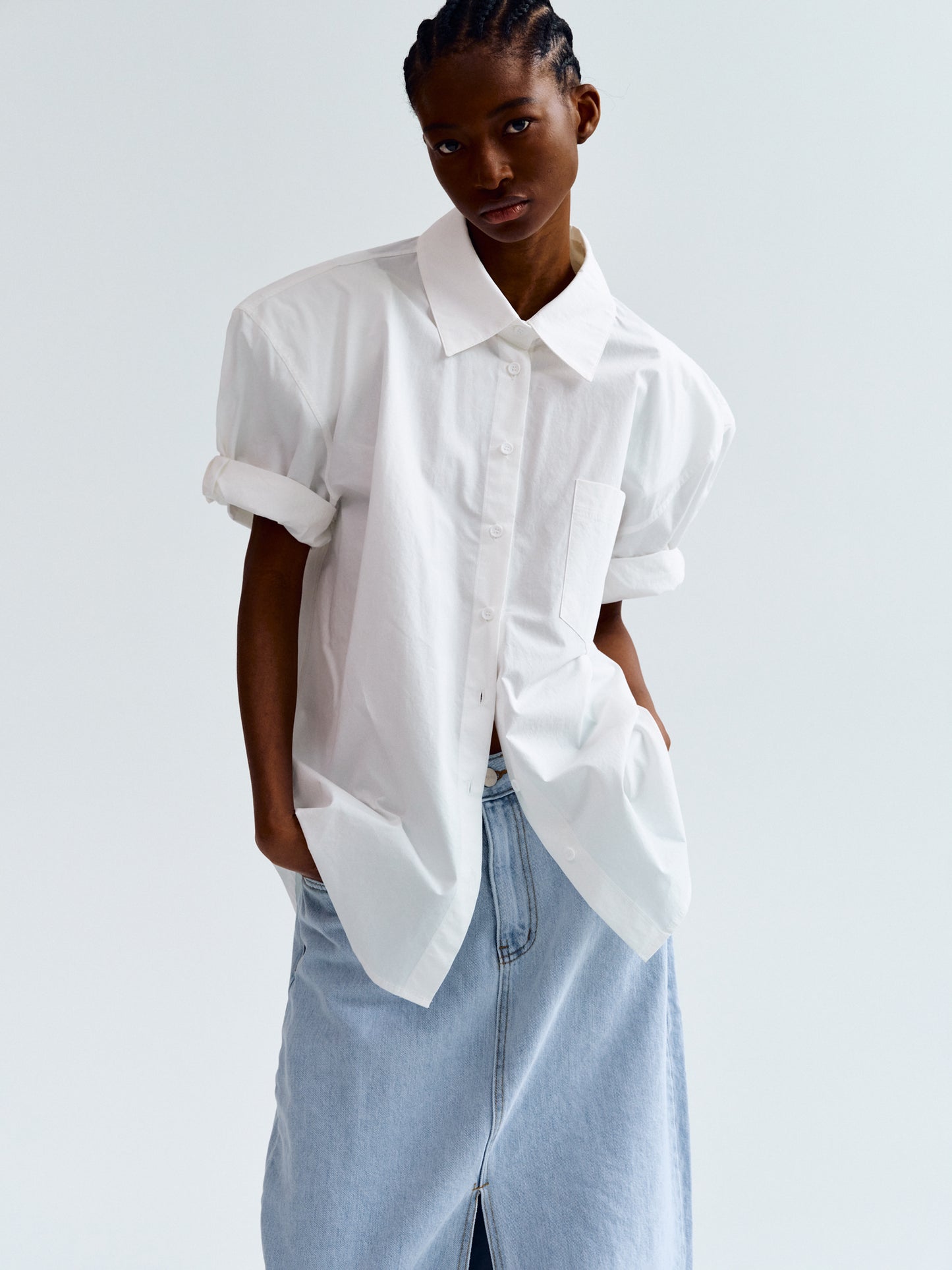 Pad Shoulder Poplin Shirt, White