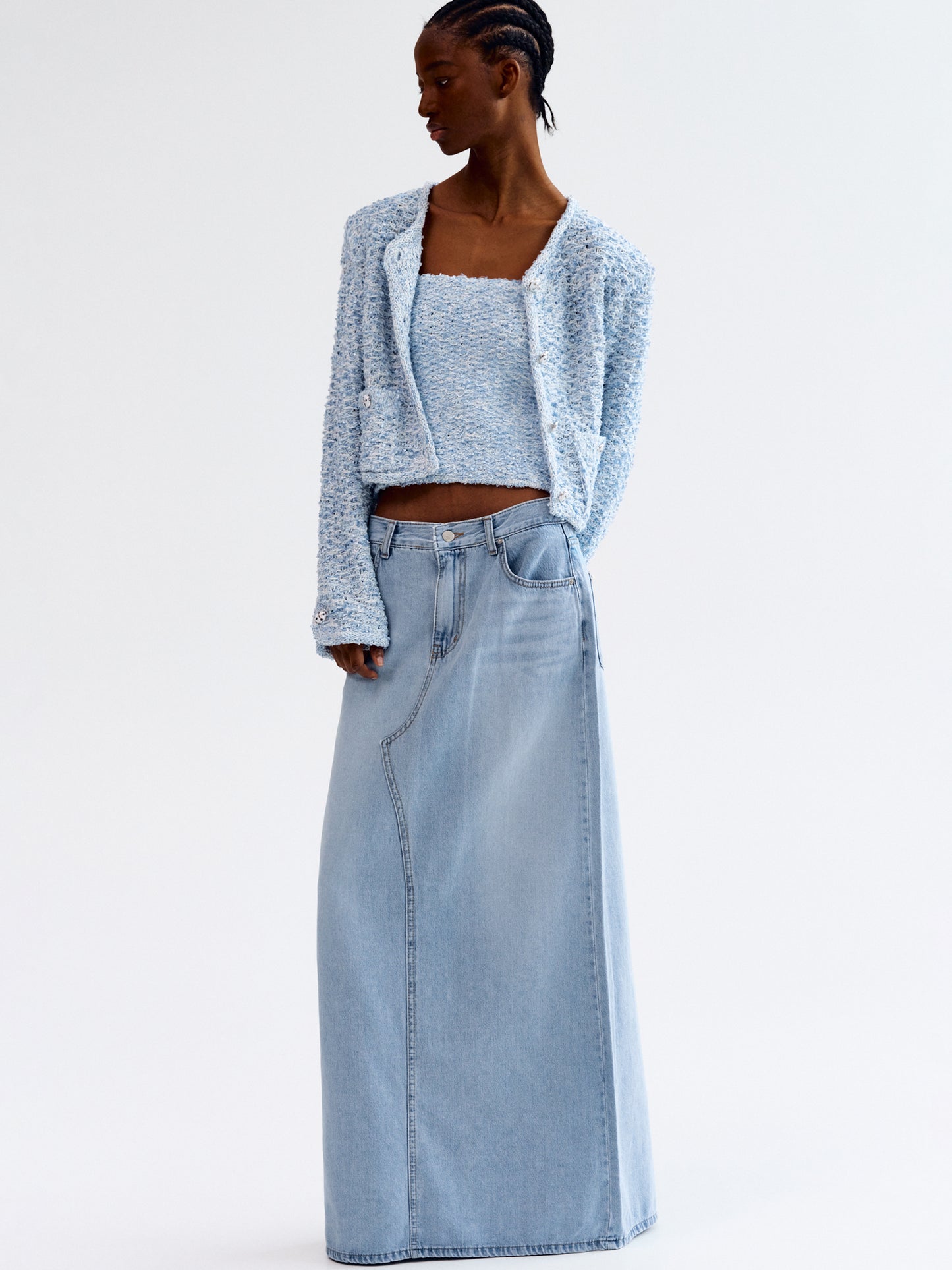 Long Denim Pencil Skirt, Light Wash