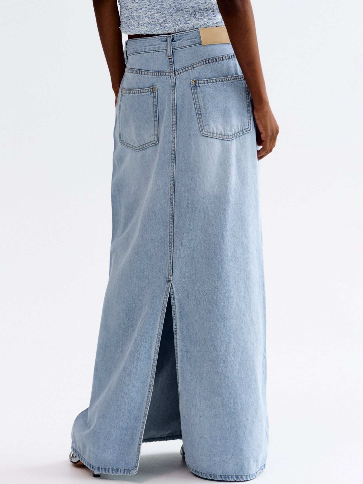 Long Denim Pencil Skirt, Light Wash