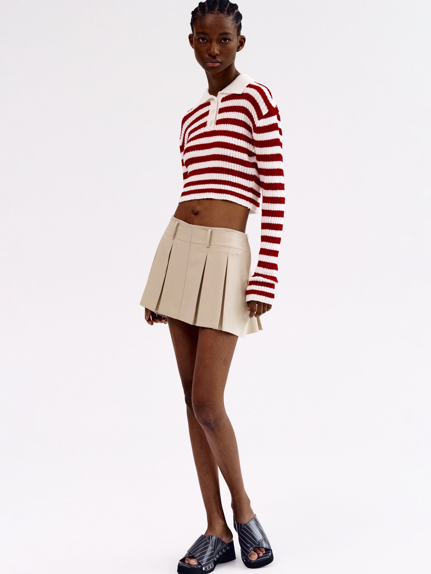 Cropped Stripe Polo, Red