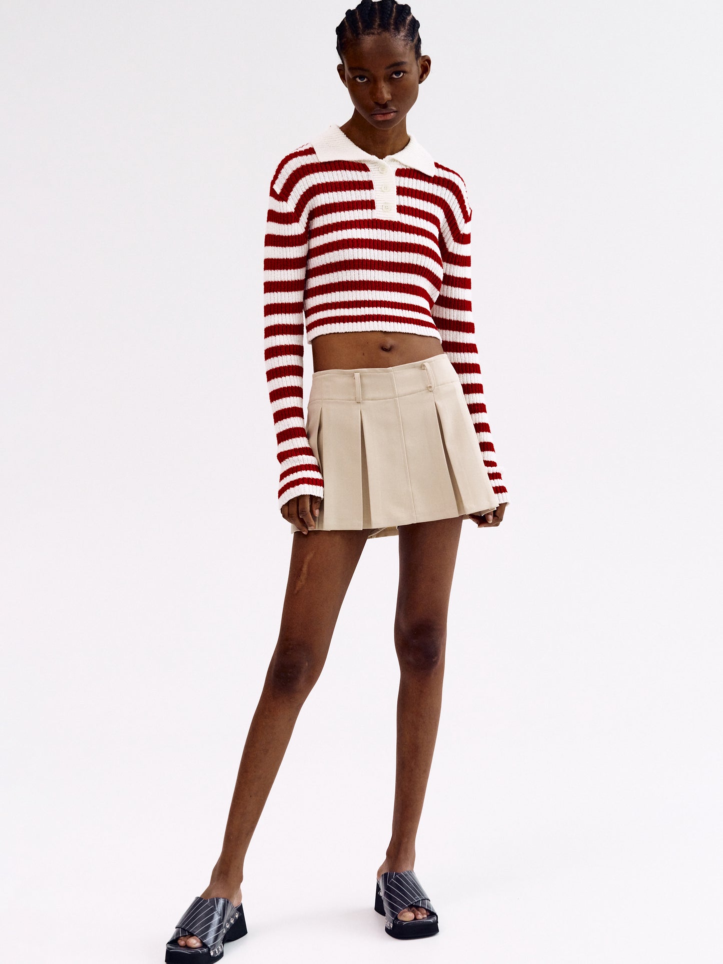 Cropped Stripe Polo, Red