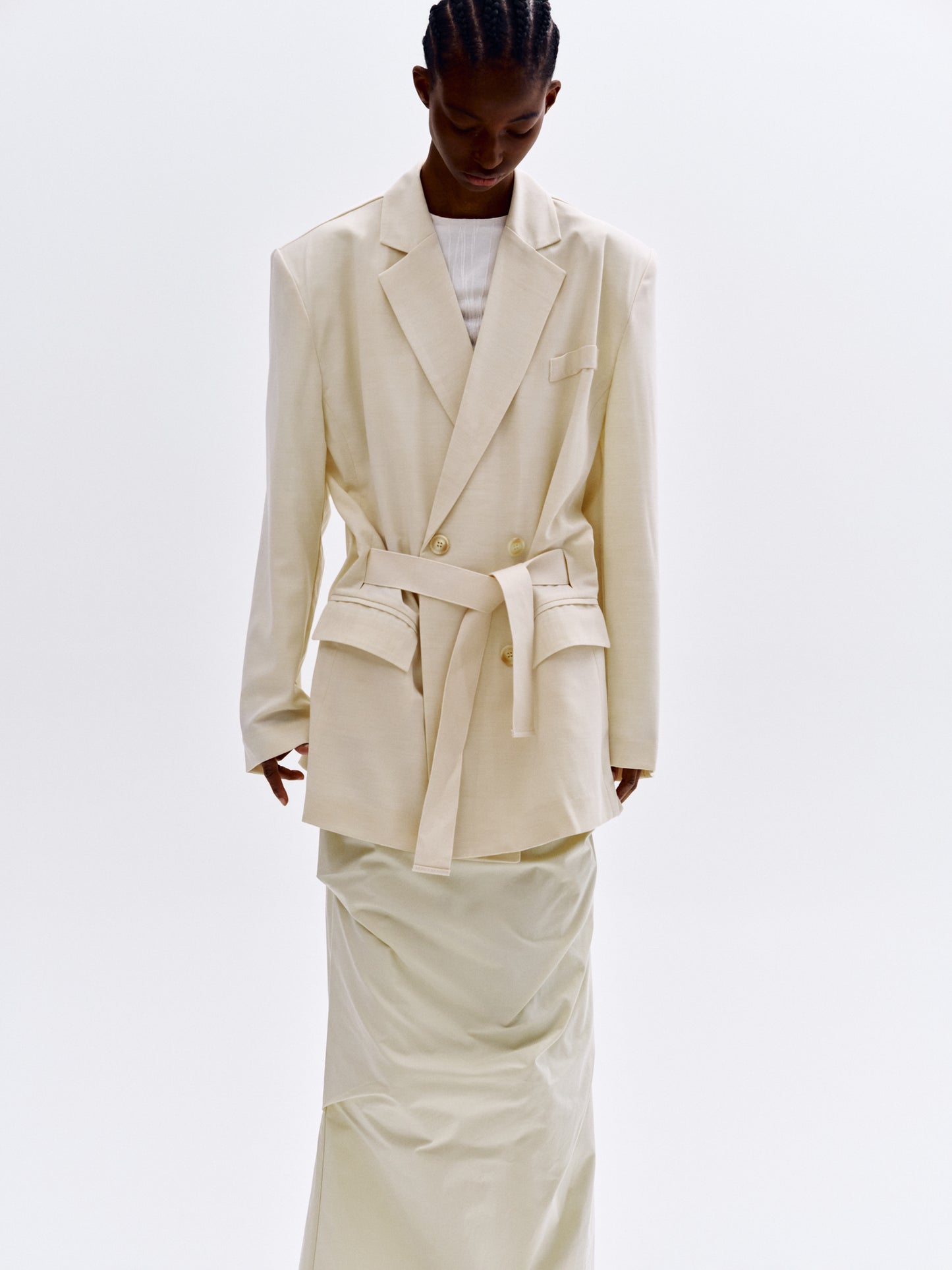 Waist Cinch-Belt Blazer, Ivory