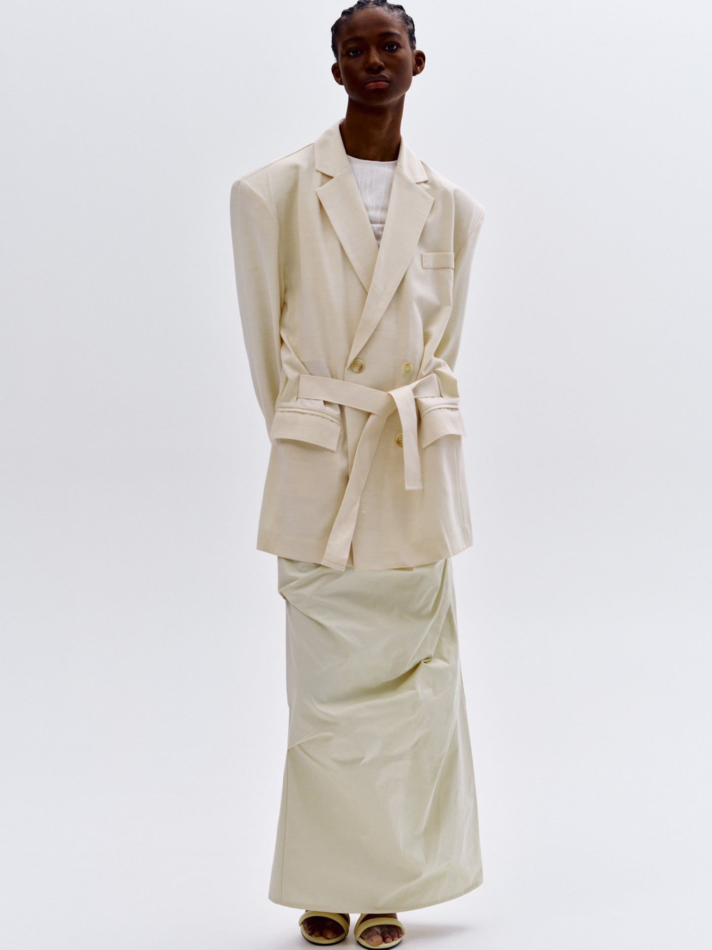 Waist Cinch-Belt Blazer, Ivory