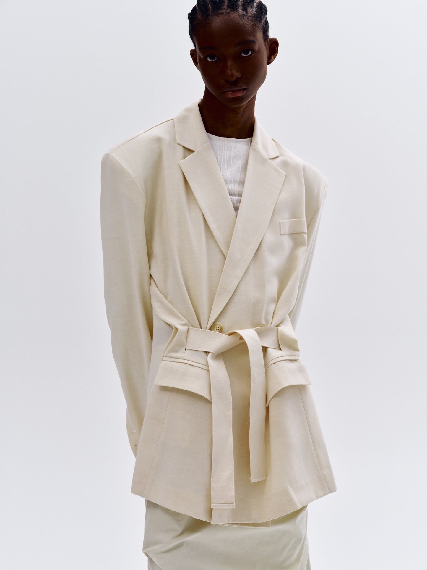 Waist Cinch-Belt Blazer, Ivory