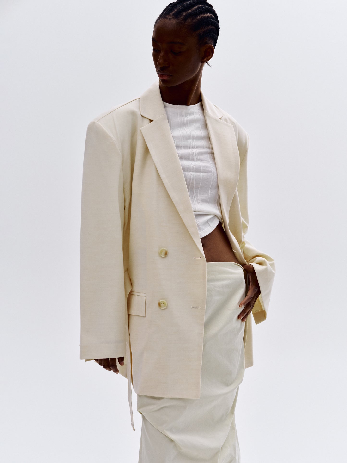 Waist Cinch-Belt Blazer, Ivory