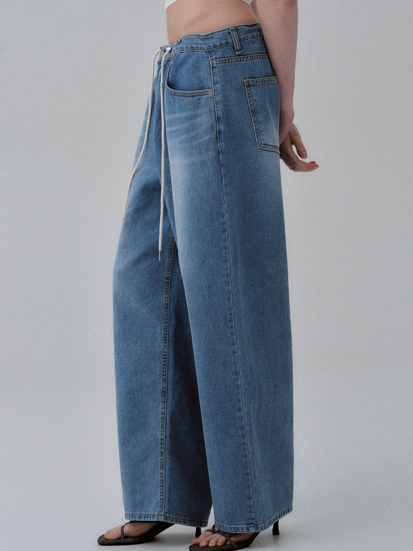 Wide Leg Drawstring Jeans, Medium Blue
