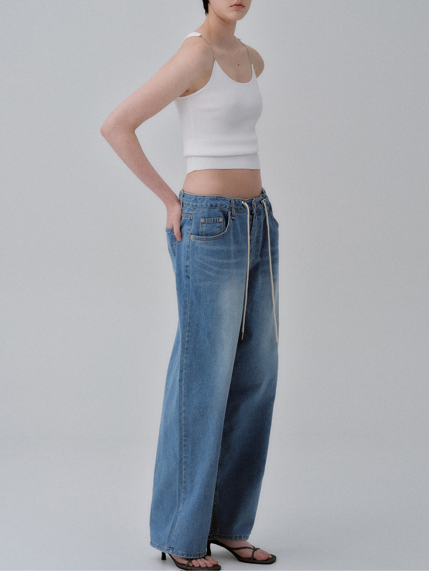 Wide Leg Drawstring Jeans, Medium Blue