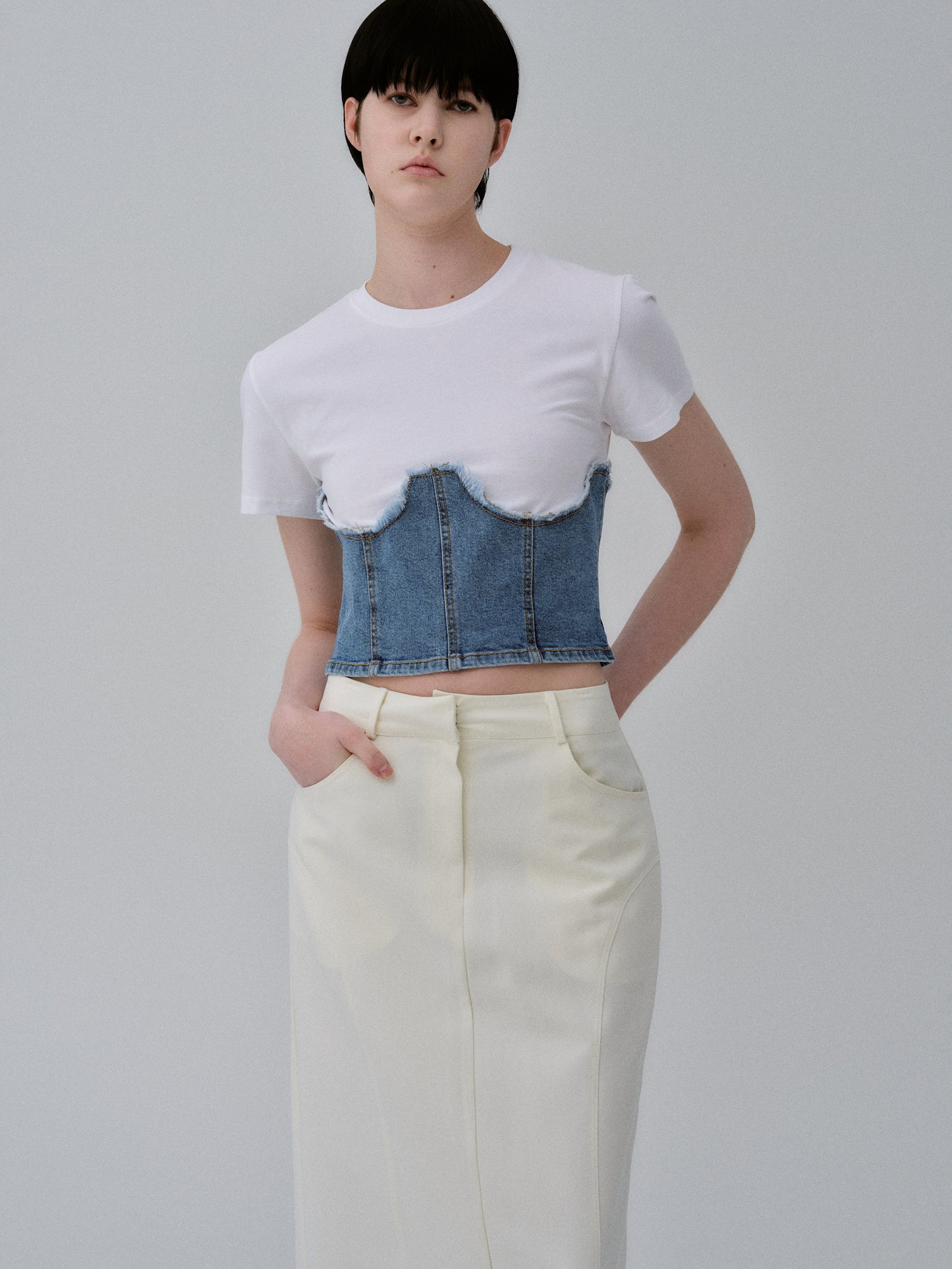 Denim Bustier T-Shirt, White