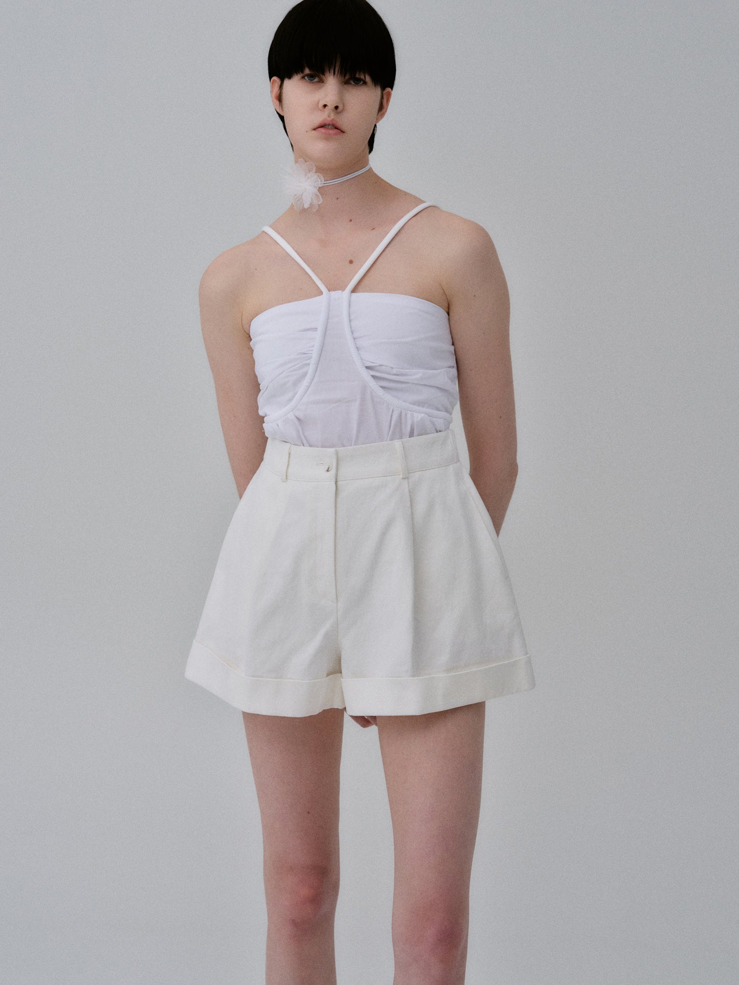 Wide Leg Turn-Up Shorts, Ivory