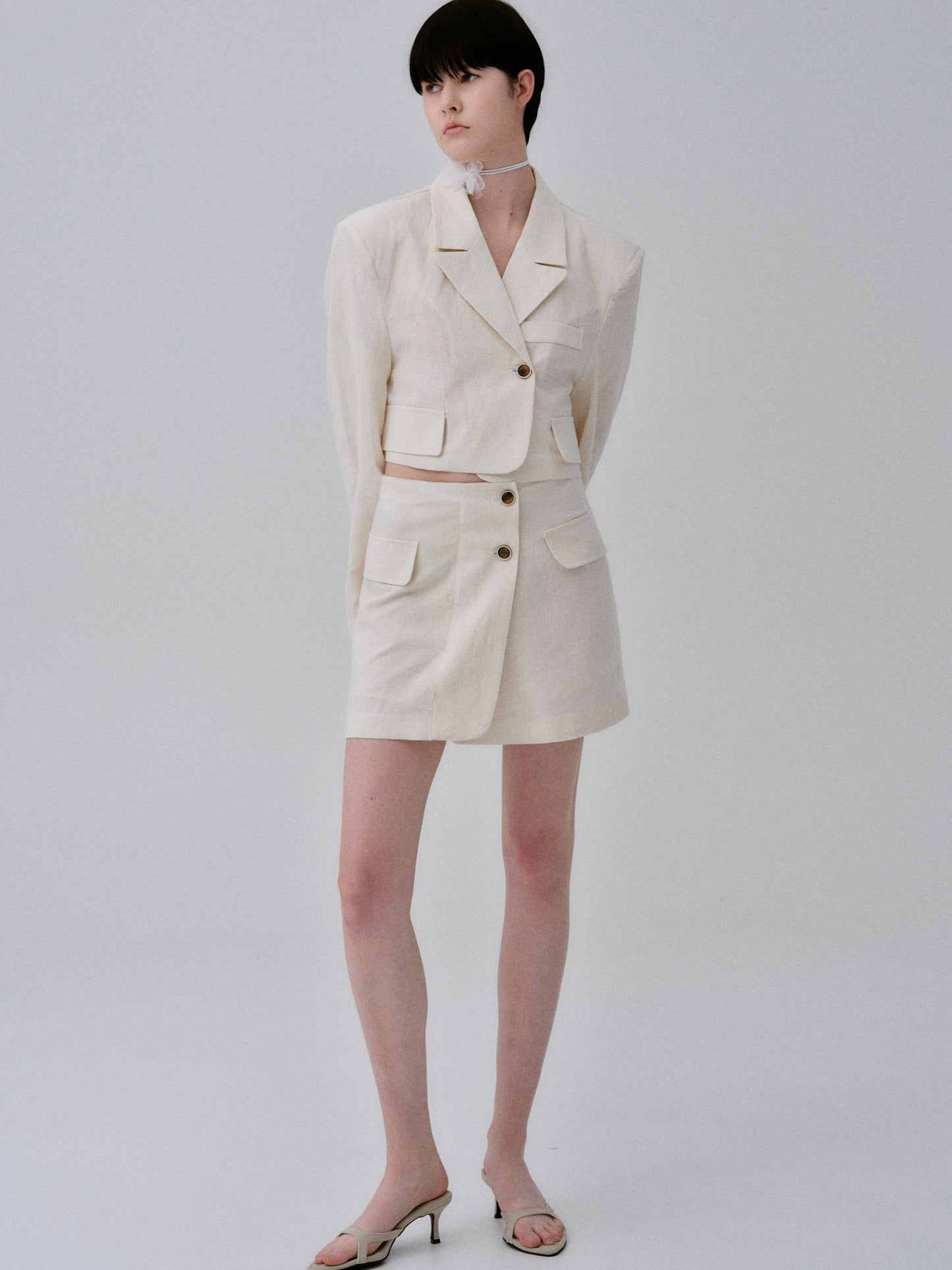 Cropped Linen Blazer, Natural
