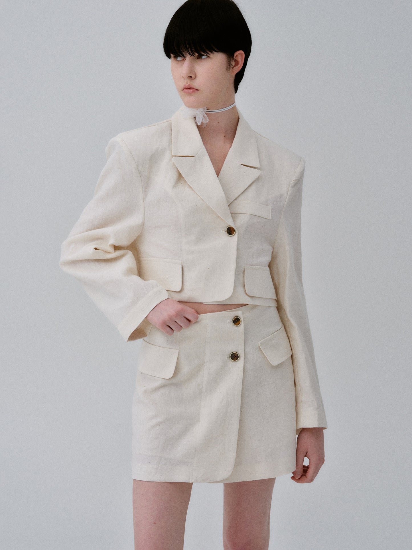 Cropped Linen Blazer, Natural