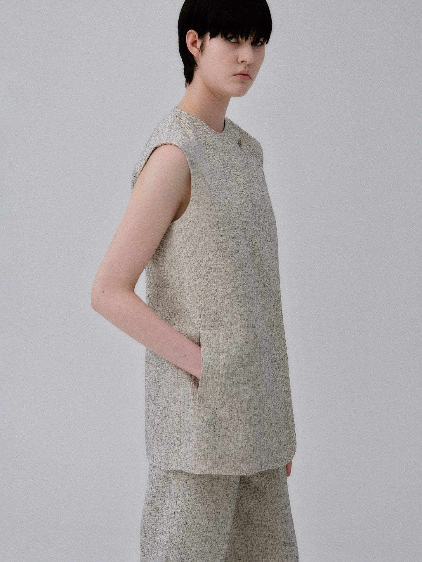 One Button Tweed Top, Oat Melange