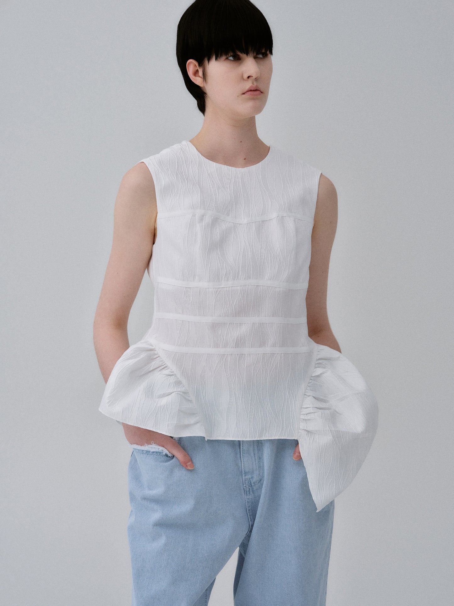 Asymmetric Ruffled Top, White