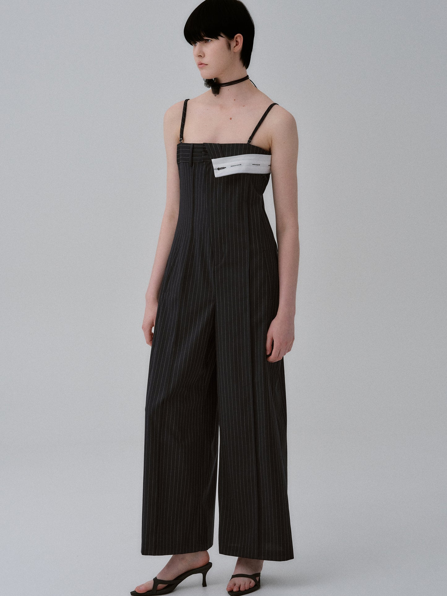 Foldover Pinstripe Jumpsuit, Navy