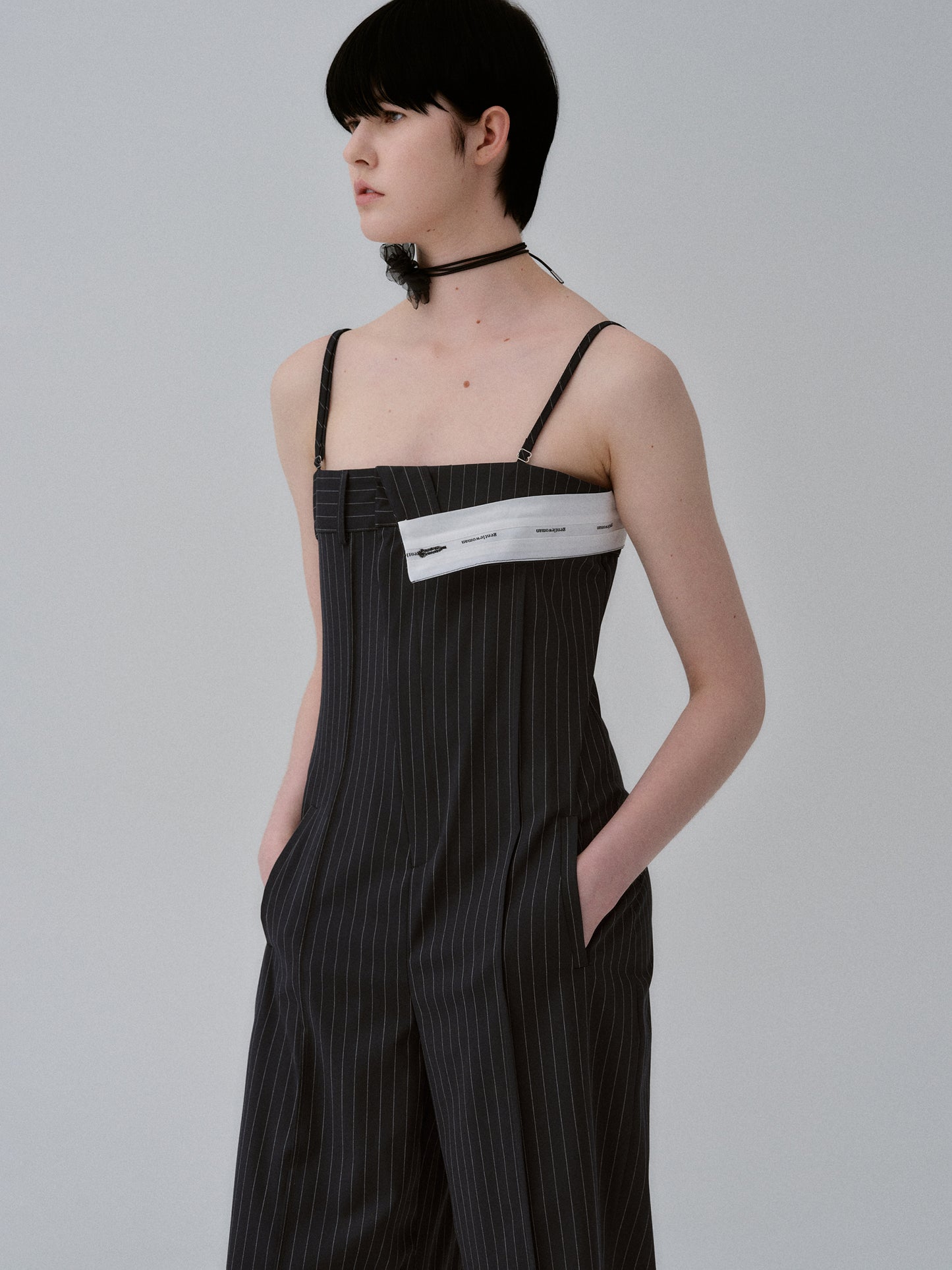 Foldover Pinstripe Jumpsuit, Navy