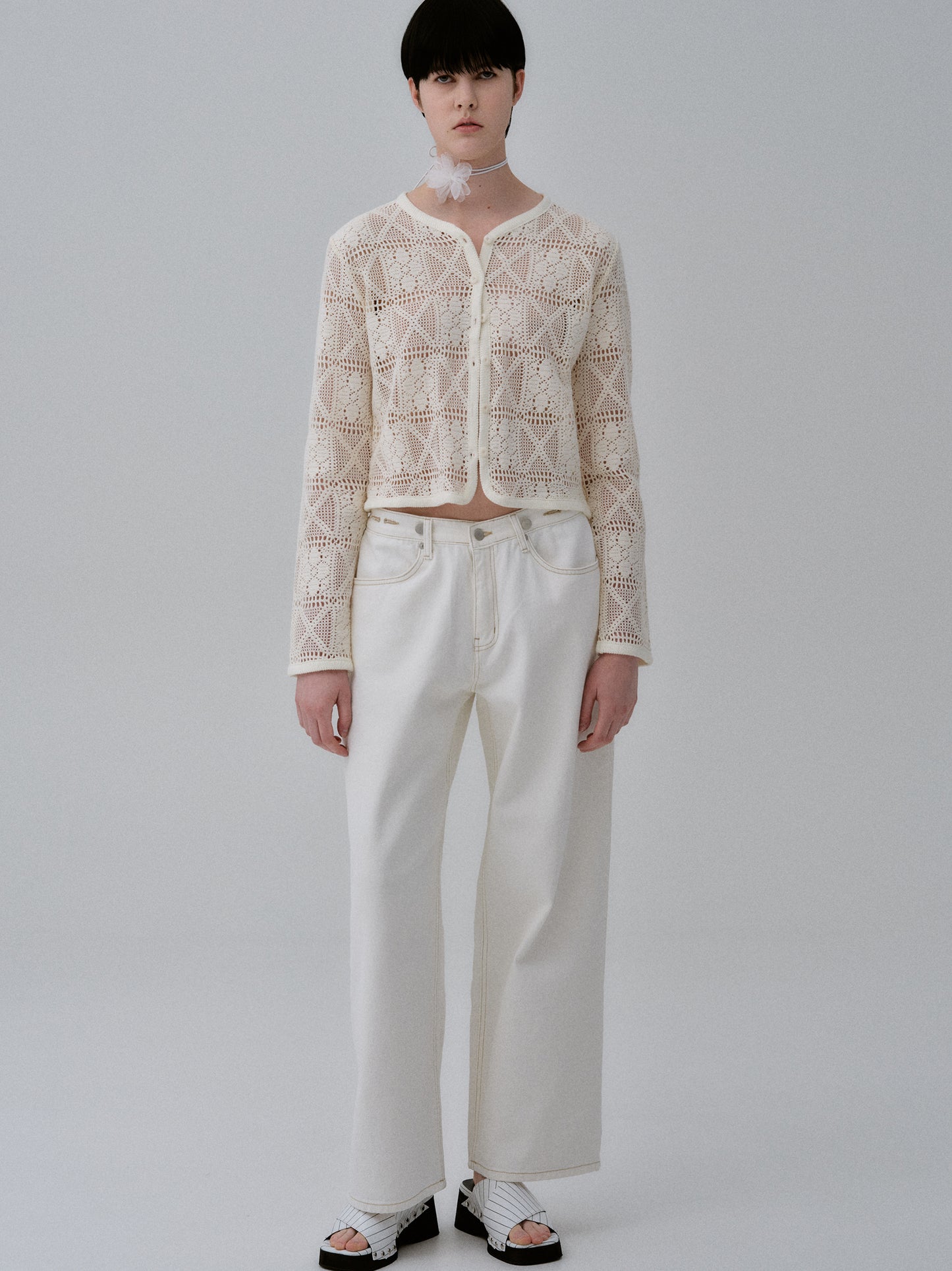 Knitted Crochet Cardigan, Ivory