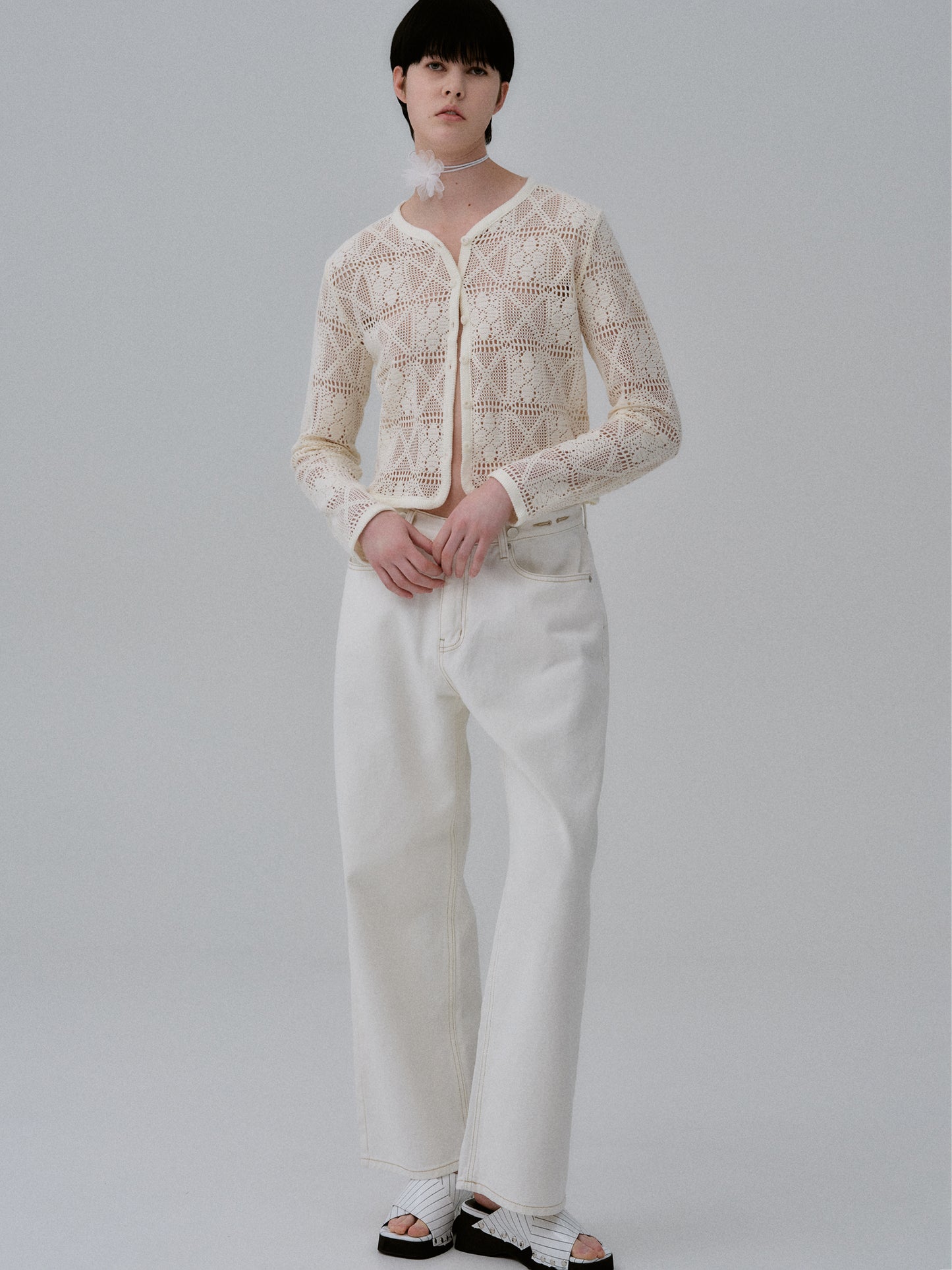 Knitted Crochet Cardigan, Ivory